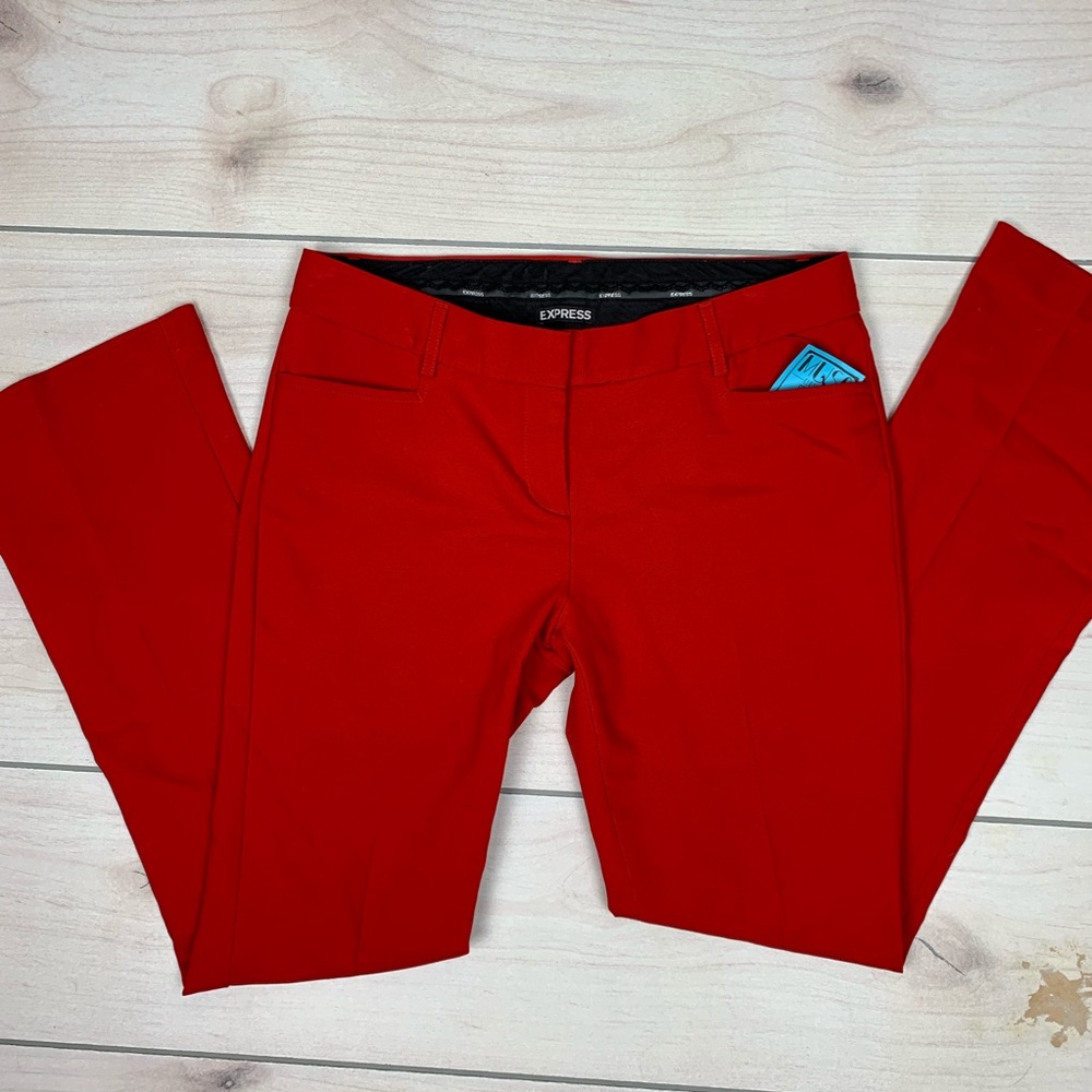 Express red bootcut work pants.